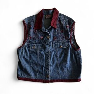 Vintage Ozark Mountain Jean Company Denim Vest with Red Floral Embroidery